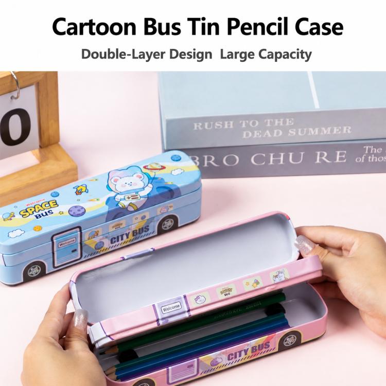Pink and blue cartoon bus metal pencil boxes open, showing double-layer interior