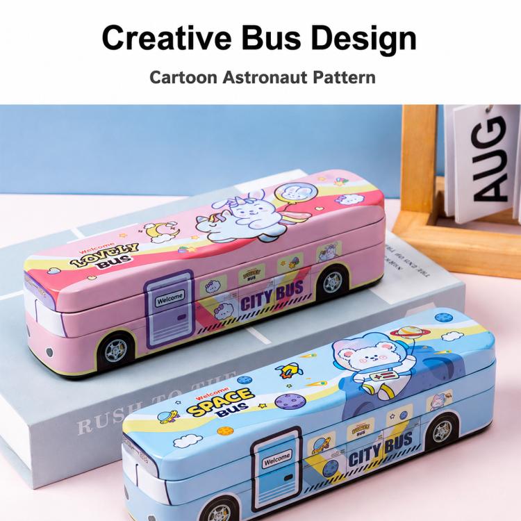 Pink and blue cartoon bus metal pencil boxes stacked on a box with wheels design
