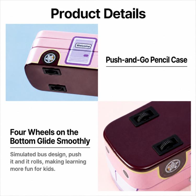 Pink cartoon bus push-and-go pencil case with simulated wheels on the bottom