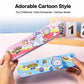 Pink and blue cartoon bus metal pencil boxes held in hands, featuring cheerful character art