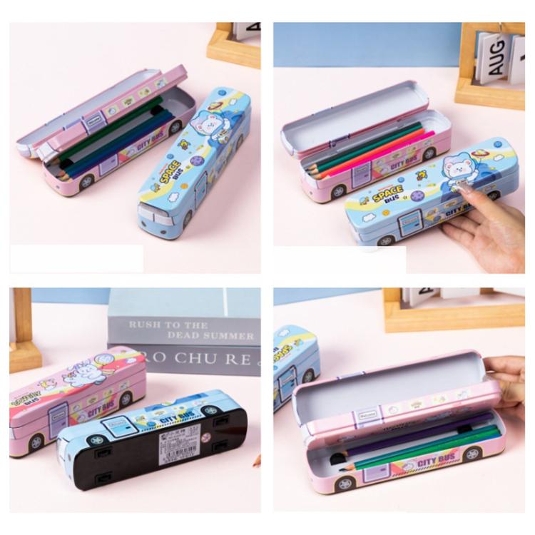 Assorted views of pink and blue cartoon bus metal pencil cases with lids open and closed
