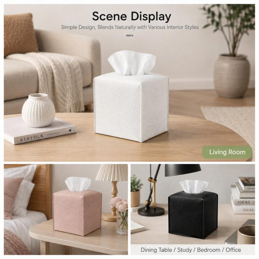 White square PU leather tissue box cover with tissue peeking out
