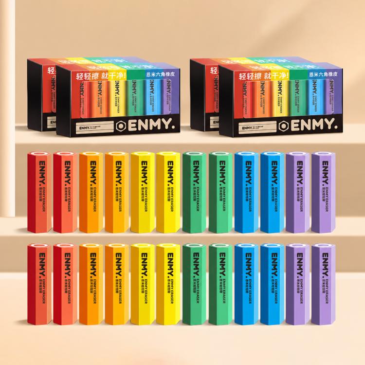 Hexagonal pencil-shaped erasers in multiple colors, 4-pack in a display