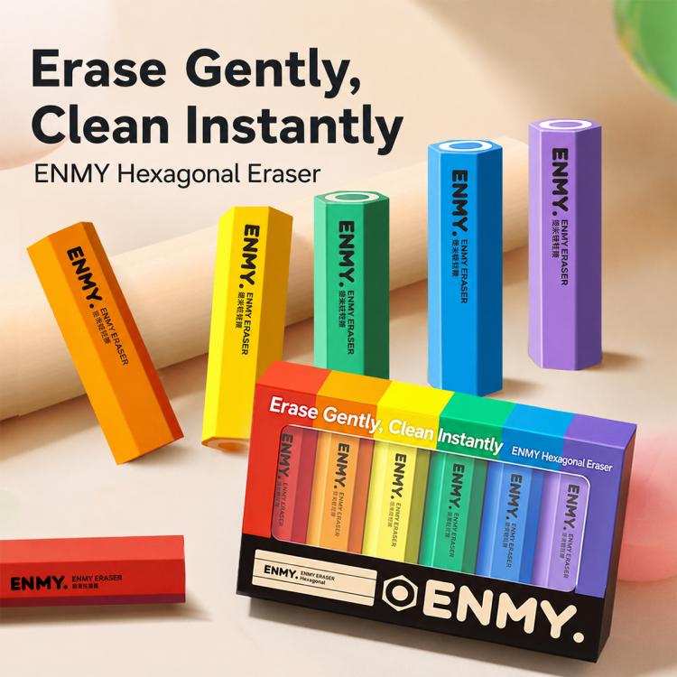 Hexagonal pencil-shaped erasers in orange, yellow, green, blue, and purple