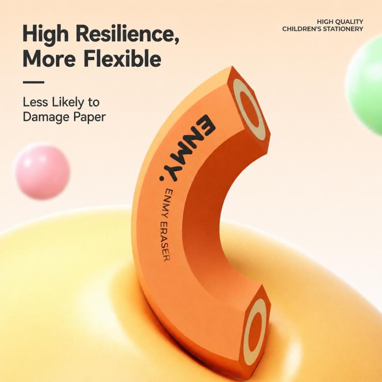 Orange hexagonal pencil-shaped eraser with ENMY logo, curved body