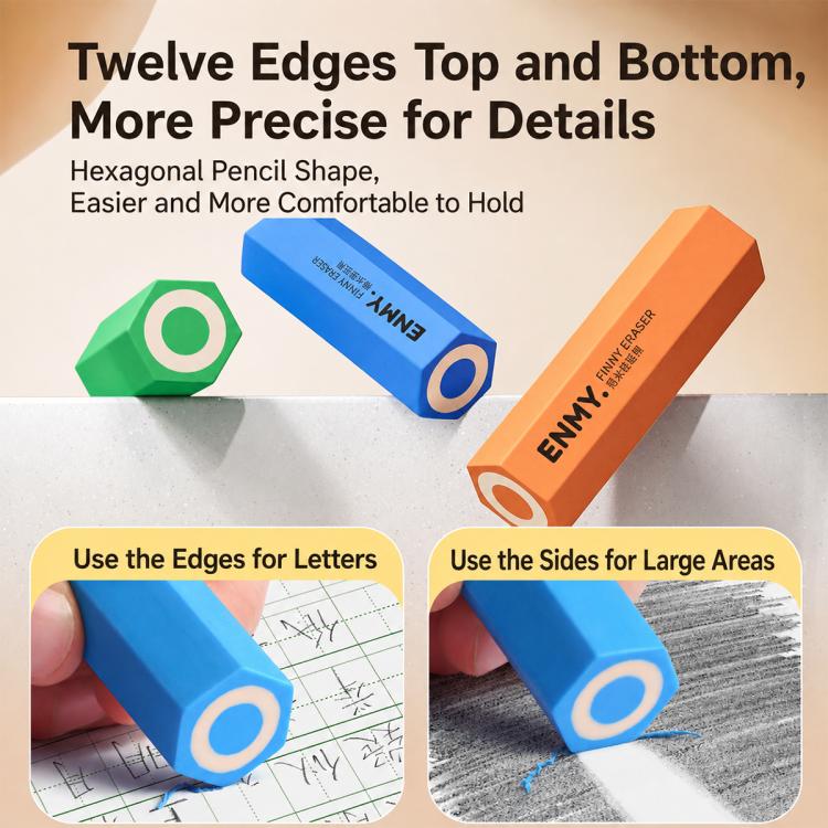 Hexagonal pencil-shaped eraser set showing orange, blue, and green faces