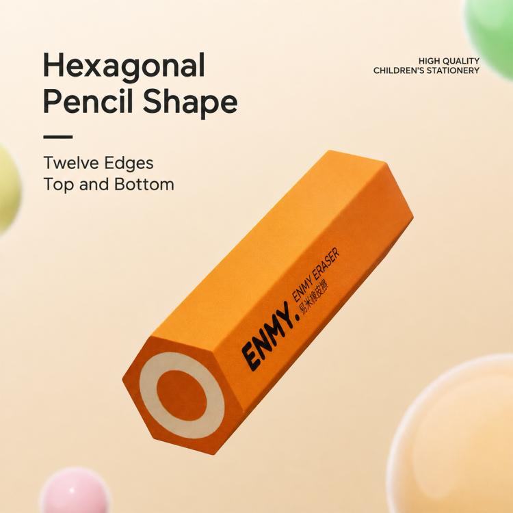 Orange hexagonal pencil-shaped eraser with rounded ring end and flat edges