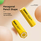 Yellow hexagonal pencil-shaped eraser with rounded ring end and flat edges