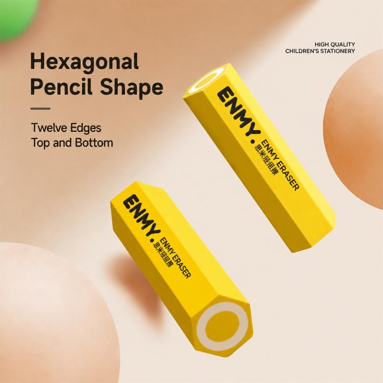 Yellow hexagonal pencil-shaped eraser with rounded ring end and flat edges