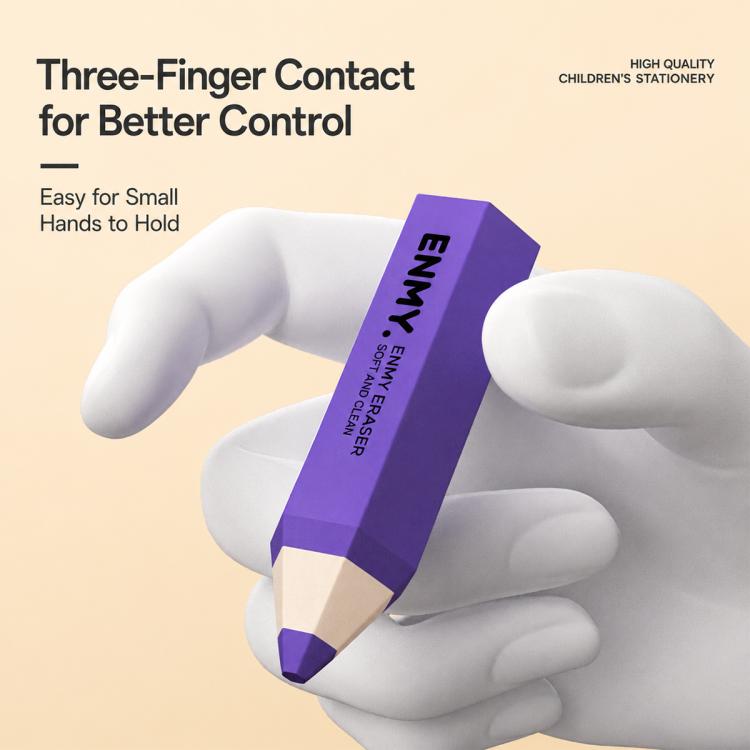 Purple hexagonal pencil-shaped eraser held between two white-gloved hands