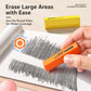 Orange hexagonal pencil-shaped eraser erasing large shaded area on paper
