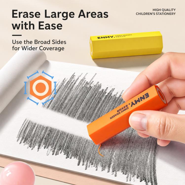 Orange hexagonal pencil-shaped eraser erasing large shaded area on paper