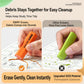 Orange and green hexagonal pencil-shaped erasers showing debris cleanup on paper