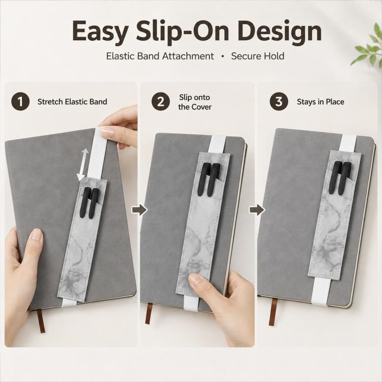 Gray PU leather pen sleeve with elastic band and dual pen slots