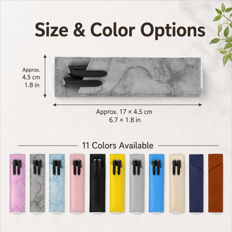 PU leather pen sleeve with dual slots; size and color option chart