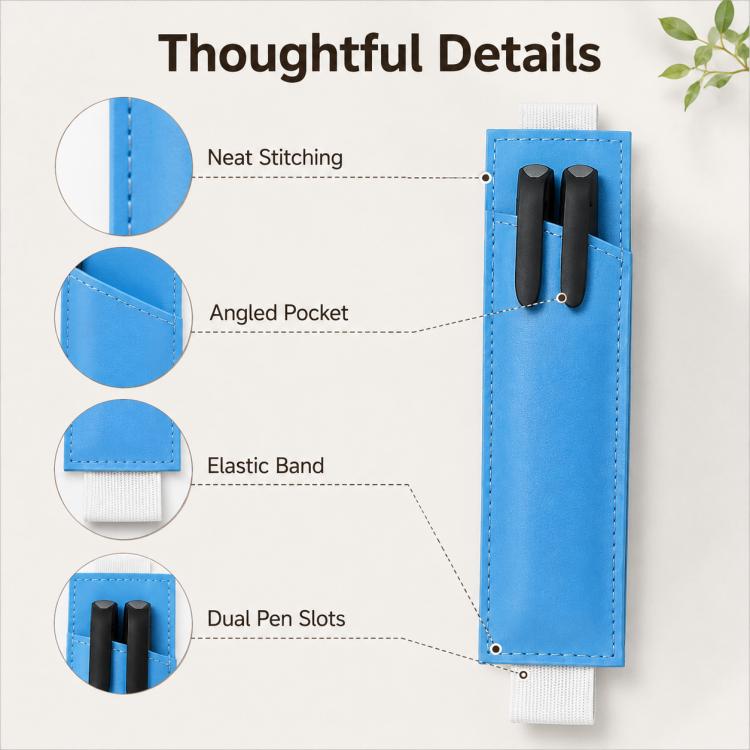 Blue PU leather pen sleeve with dual pen slots, angled pocket, and elastic band
