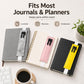 PU leather pen sleeve with dual slots shown attached to journals and planners
