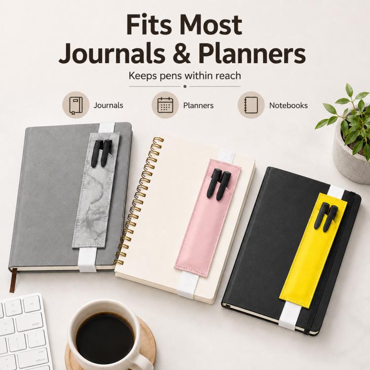 PU leather pen sleeve with dual slots shown attached to journals and planners