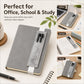 Gray PU leather pen sleeve with dual slots shown on a notebook for office or school