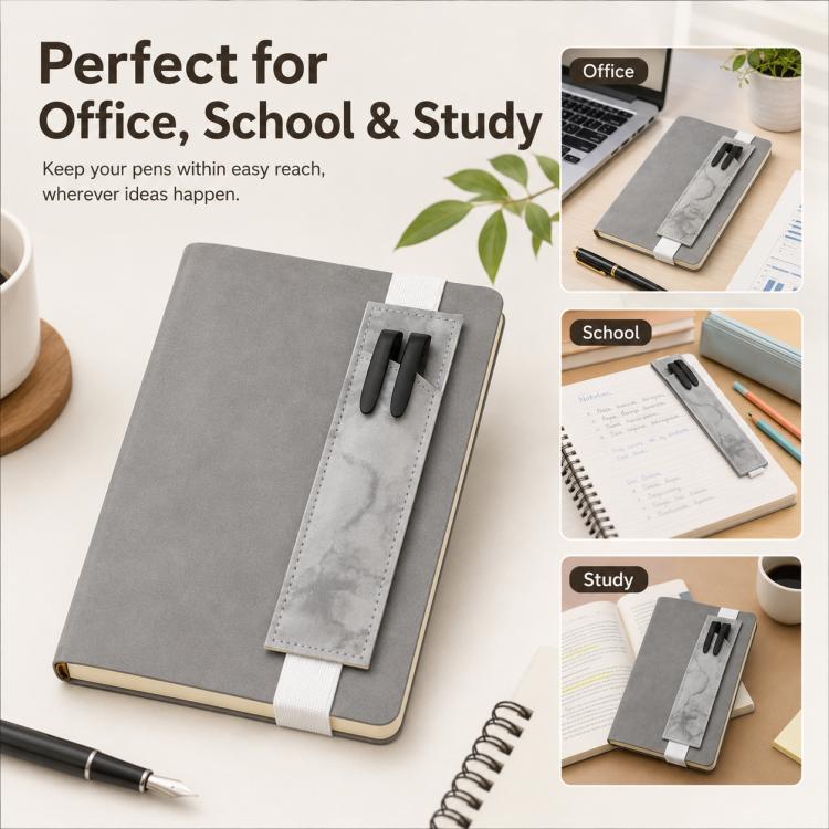 Gray PU leather pen sleeve with dual slots shown on a notebook for office or school