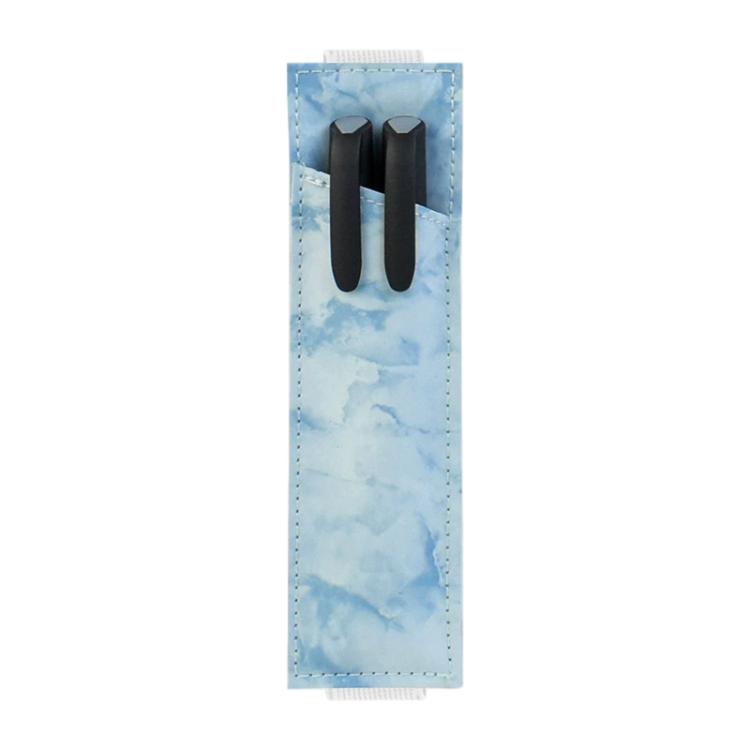 Light blue PU leather pen sleeve with dual elastic pen slots and stitched seams