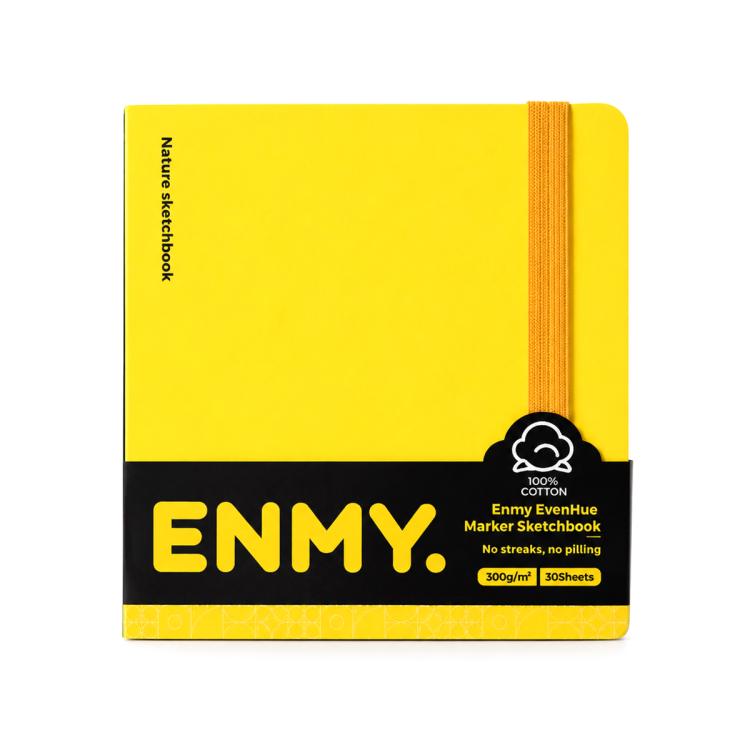 ENMY EvenHue marker sketchbook, yellow square cover with orange stitched binding and ENMY label