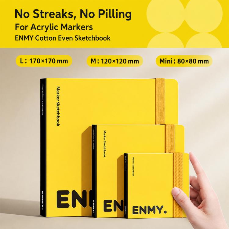 ENMY EvenHue acrylic marker sketchbook set, three yellow square sizes with stitched bindings