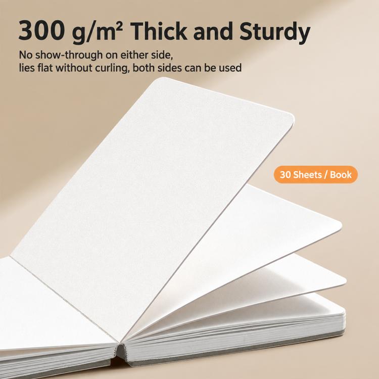Square sketchbook pages, thick 300 g/m², neatly stacked with curved corners