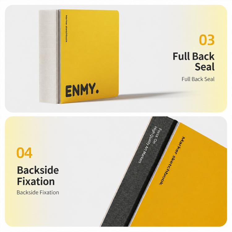 Square sketchbook with yellow back cover, full back seal and fixation details