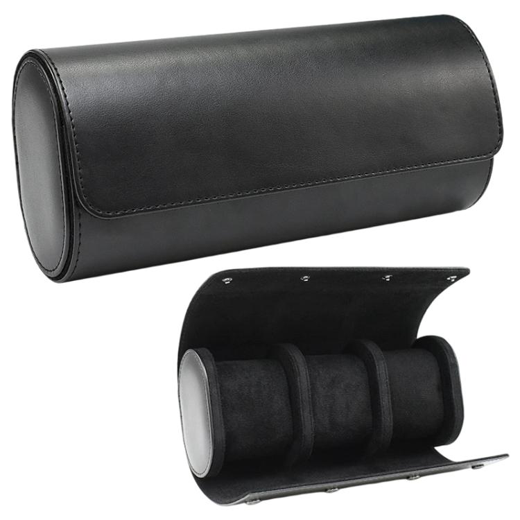 Black three-slot vintage leather watch case with snap-closure and padded inner holders