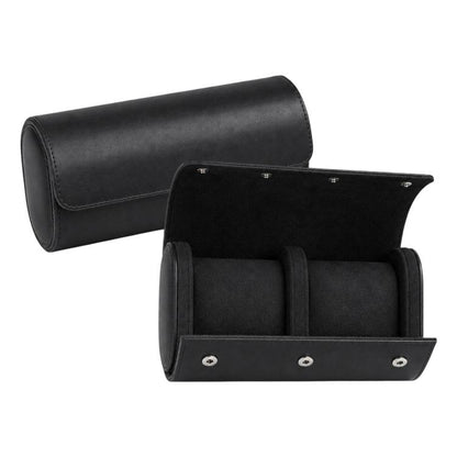 Black two-slot vintage leather watch storage case with snap-closure and inner watch pillows