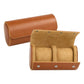 Brown two-slot vintage leather watch case with snap-closure and suede-lined inner pillows