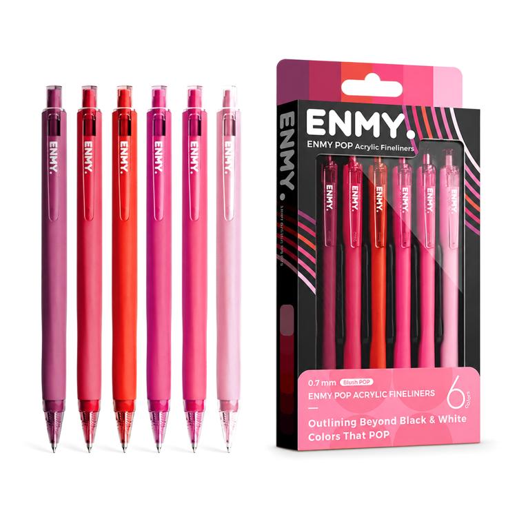 Set of rose pink acrylic fineliner gel pens, 0.7 mm tips, 6-pack