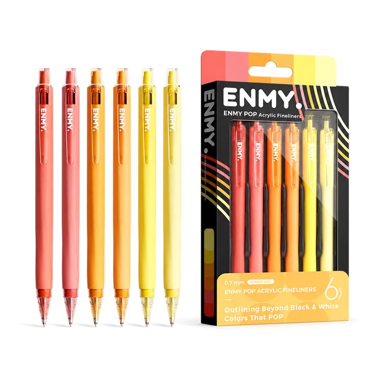 Set of colorful acrylic fineliner gel pens with warm orange and yellow tones, 6-pack