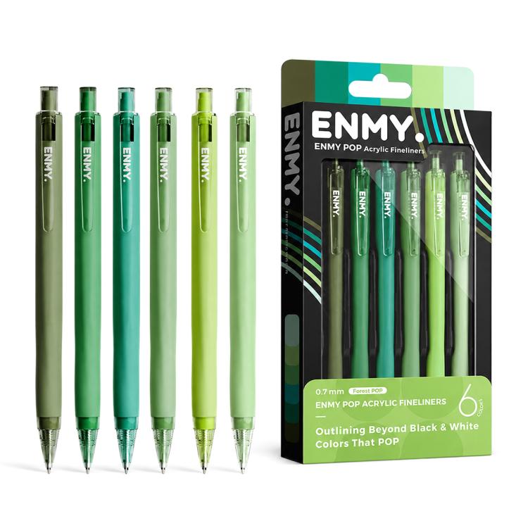 Set of green acrylic fineliner gel pens with 0.7 mm tips, 6-pack