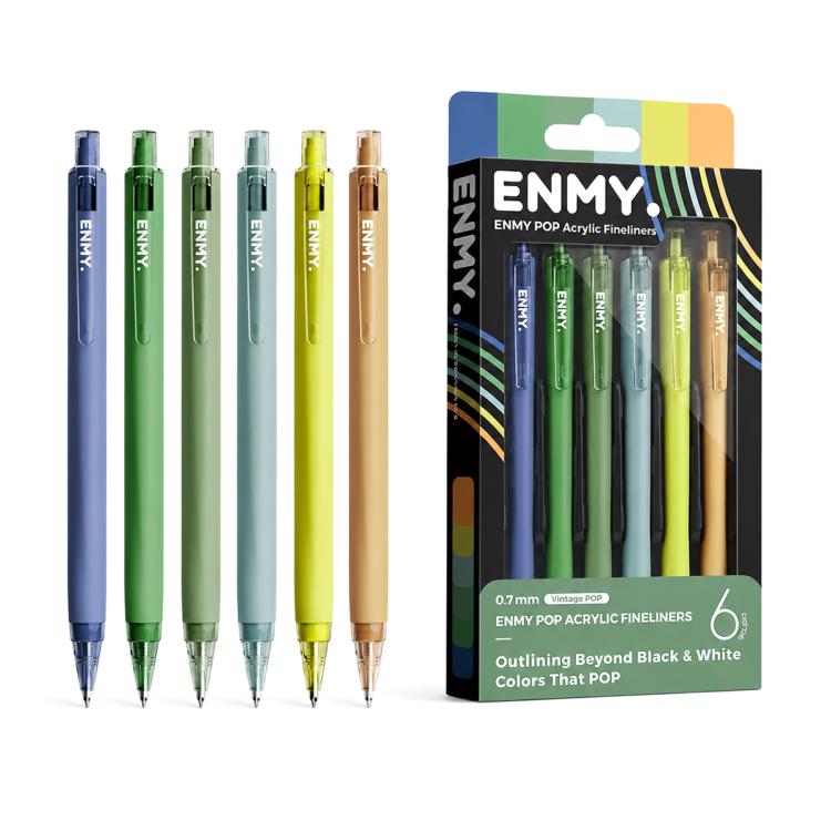 Set of blue, green, and gold acrylic fineliner gel pens, 0.7 mm tips, 6-pack