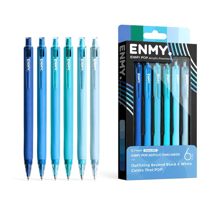 Set of blue acrylic fineliner gel pens with 0.7 mm tips, 6-pack