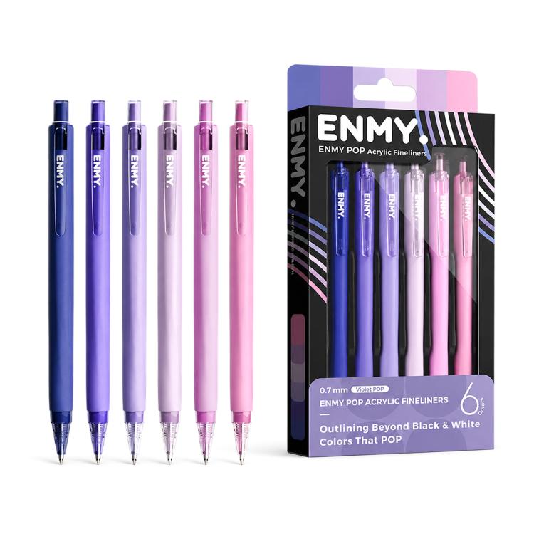 Set of purple and pink acrylic fineliner gel pens with 0.7 mm tips, 6-pack
