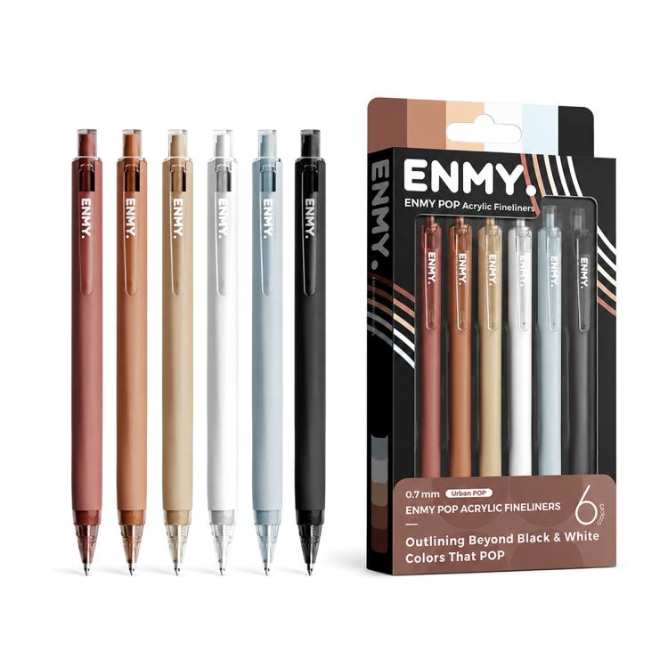 Set of brown, beige, gray, and clear acrylic fineliner gel pens, 0.7 mm tips, 6-pack