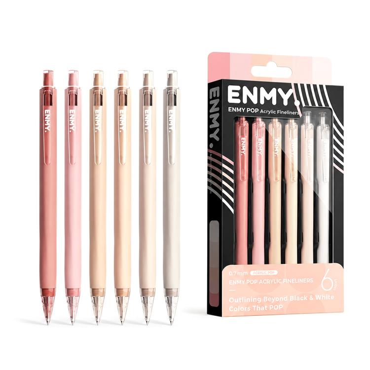 Set of rose pink and beige acrylic fineliner gel pens, 0.7 mm tips, 6-pack