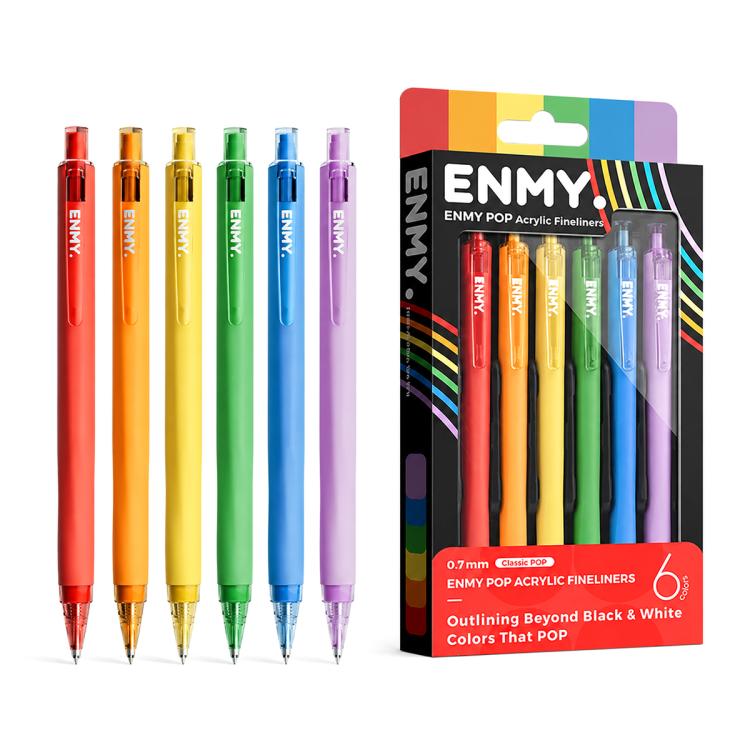 Set of bright rainbow acrylic fineliner gel pens with 0.7 mm tips, 6-pack