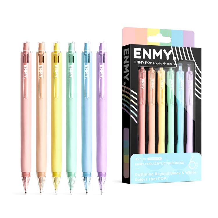 Acrylic fineliner pen set: pastel rose, orange, green, blue, purple, and yellow pens (6)