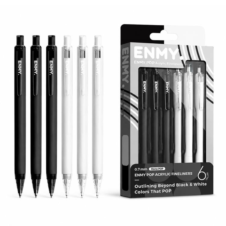 Acrylic fineliner pen set of six: black and white pens with blister pack