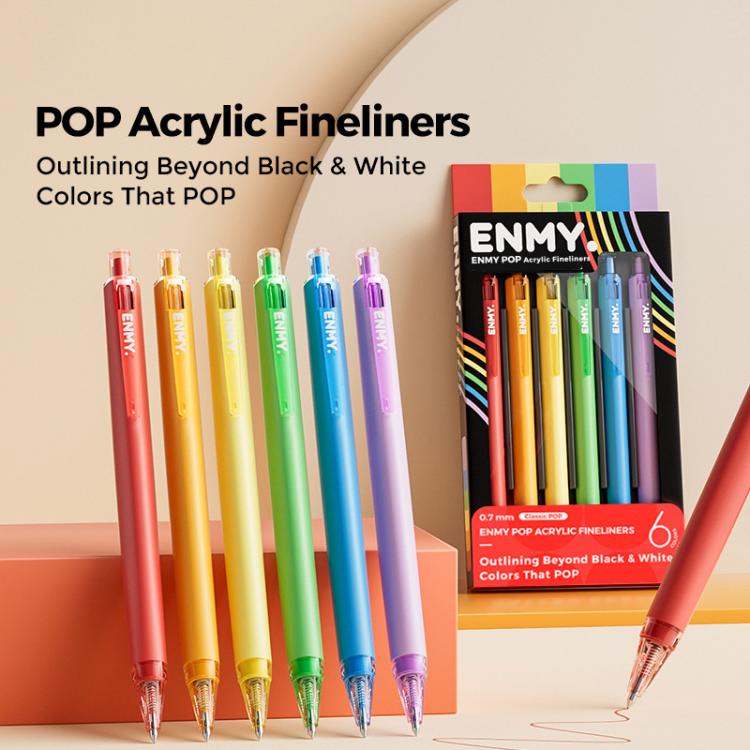 Acrylic fineliner pens set: rainbow colors in translucent barrels, with boxed package