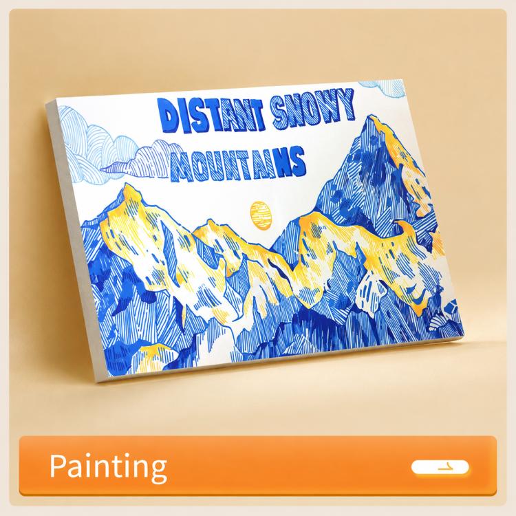 Acrylic fineliner painting card with blue mountain scene and orange pen