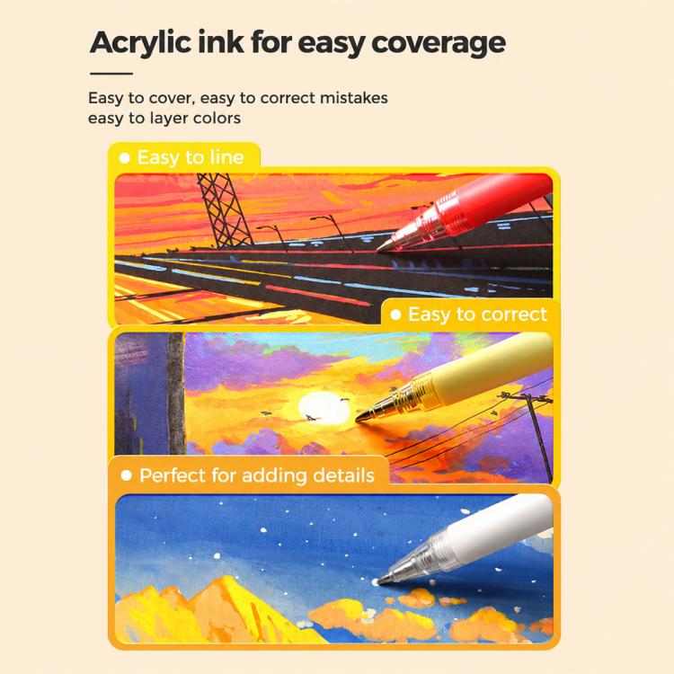 Acrylic fineliner pens with yellow and red ink on illustrated artwork