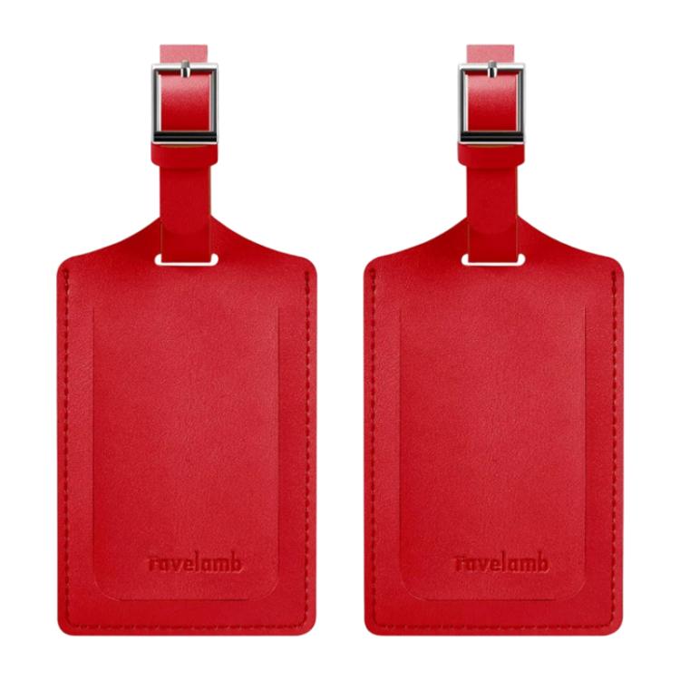 Pair vintage PU leather luggage tags in red, with metal buckle and stitched edges