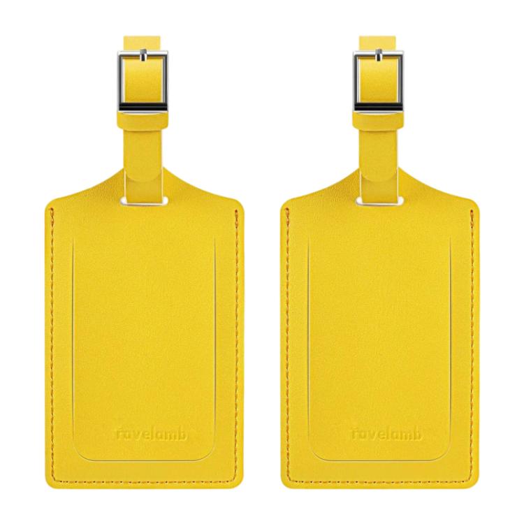Pair vintage PU leather luggage tags in yellow, with metal buckle and stitched edges