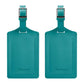 Pair vintage PU leather luggage tags in teal, with metal buckle and stitched edges