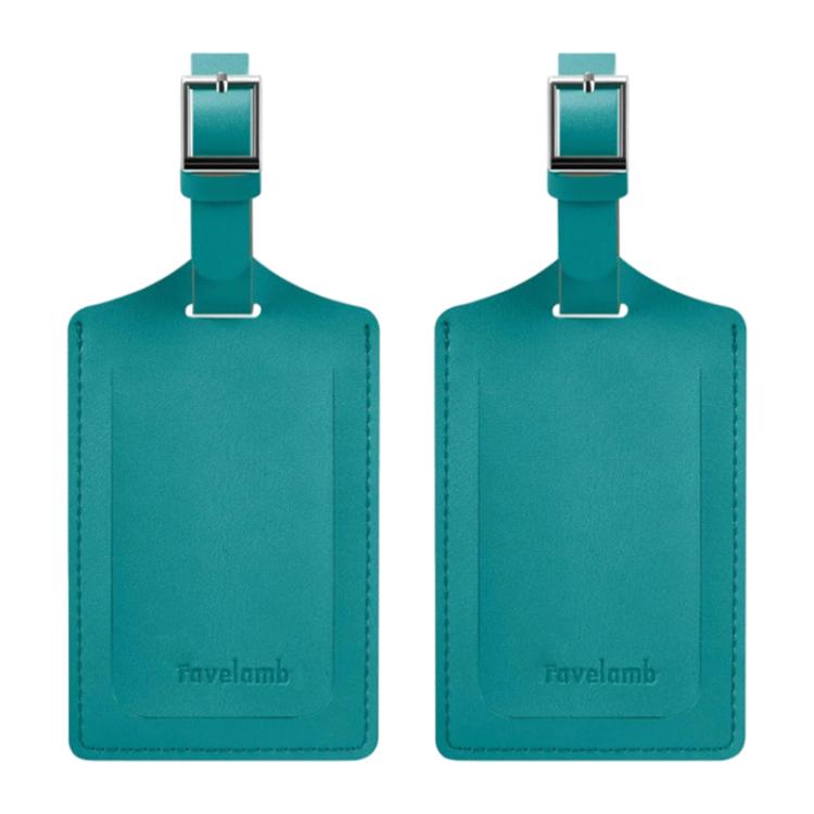 Pair vintage PU leather luggage tags in teal, with metal buckle and stitched edges